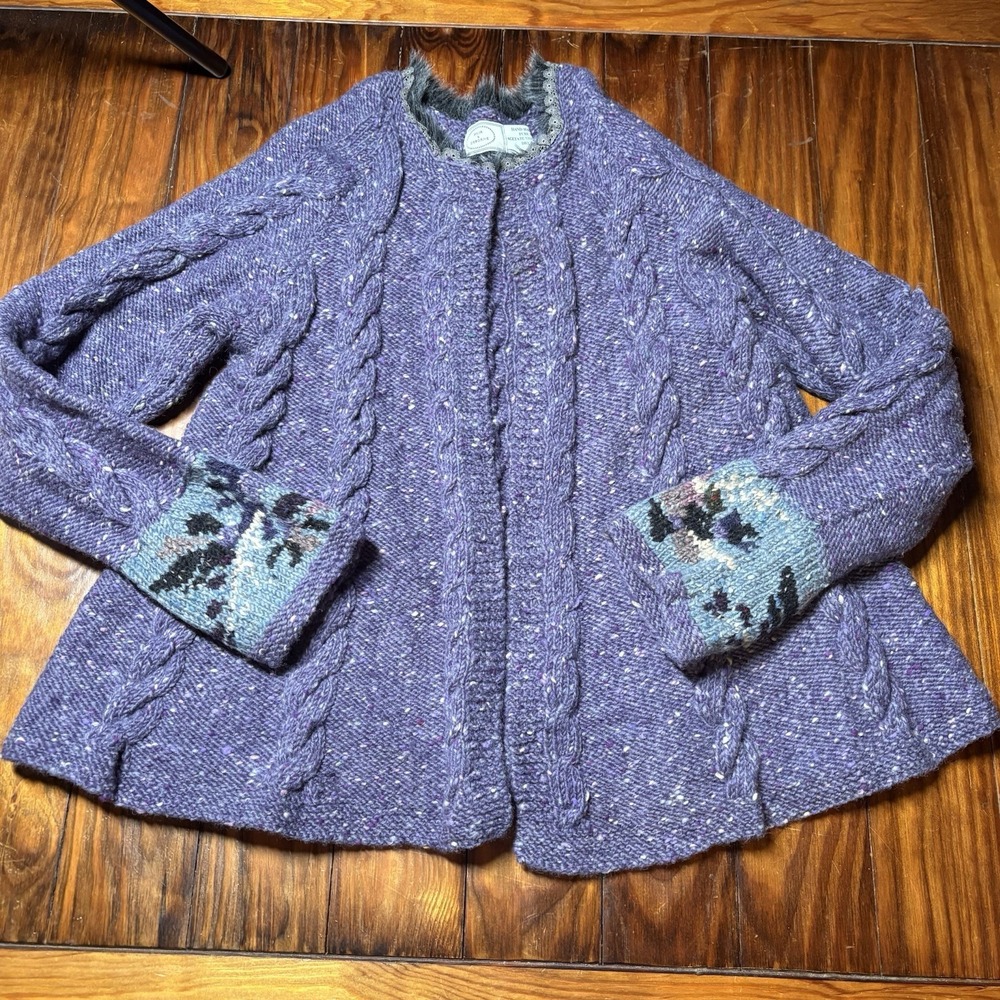 Muir & Osborne Handmade Pure Wool Purple Floral Cable Knit Open Sweater Vtg